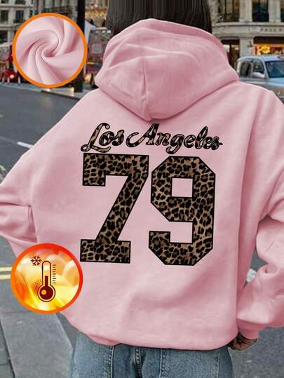 1件装少女休闲豹纹字母图案套头卫衣，保暖内衬，秋冬季