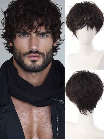 Peluca sintética de alta calidad con cabello corto rizado y esponjoso de color marrón-negro estilo japonés para hombres con cabello rizado pequeño, adecuada para uso diario o fiestas con estilo hip-hop y rock