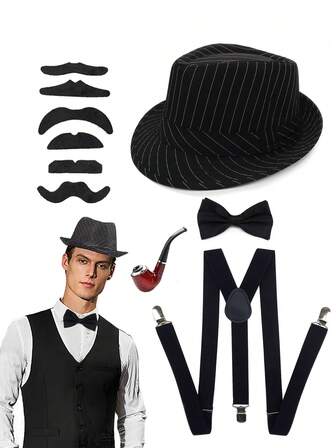 D EXCEED 5件套 1920年代盖茨比风格服装配饰套装，男士派对礼物，曼哈顿软呢帽、领结、Y型背带，完美适用于化装舞会、正式晚宴、角色扮演主题派对和节日礼物