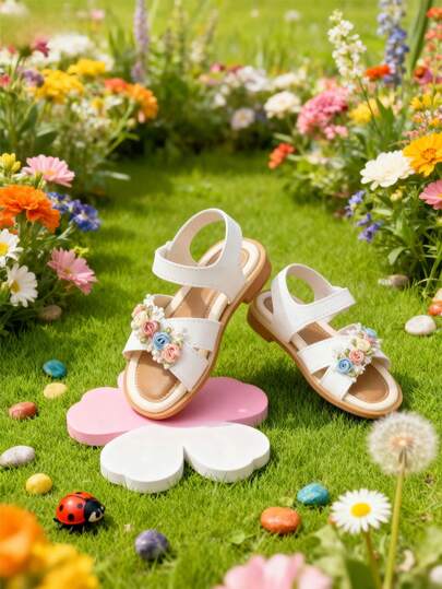 A Must-Have -Style Fashion Item In 2025: A Pair Of Flat Sandals For Children Aged 3 To 12. The White Leather Flower Is Easy To Wear And Take Off, And The Cloud Base Is Suitable For Long Walks Without Getting Tired. Children's Flat Sandals Suitable For Spring Outings, Outdoor Activities, Beaches, Parties, Back-To-School And City Trips!