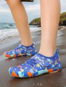 儿童夏季新款水上运动鞋，随机动物纹印花，透气网面鞋面，低帮，速干赤足鞋，男童沙滩/游泳鞋，橡胶防滑鞋底，户外骑行，室内健身瑜伽跑步跳跃多功能训练鞋 - 藍色 - 查看 2