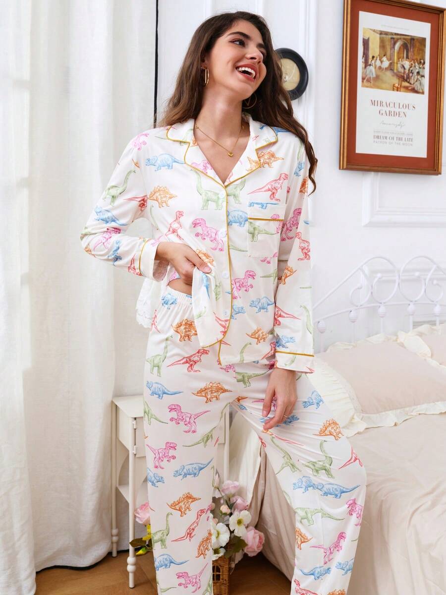 两件套女士彩色恐龙印花长袖上衣和裤子睡衣套装，舒适针织翻领纽扣前襟上衣带口袋，松紧腰裤子，适合所有季节休闲居家穿着。 - 香檳色 - 查看 1