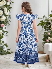 Kilottor Tween Girl Bohemian Floral Print Cap Sleeve Long Dress, Vacation Style - Blue - View 3
