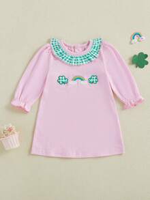 Little Toddler Girl St. Patrick's Day Dress Shamrock Rainbow Embroidered Plaid Ruffled Long Sleeve A-Line Dress - Hồng - Xem 5