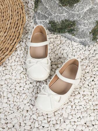 1 Pair Girls' Casual Bow Decor Flat Hook And Loop Mary Jane Shoes, Suitable For All Seasons