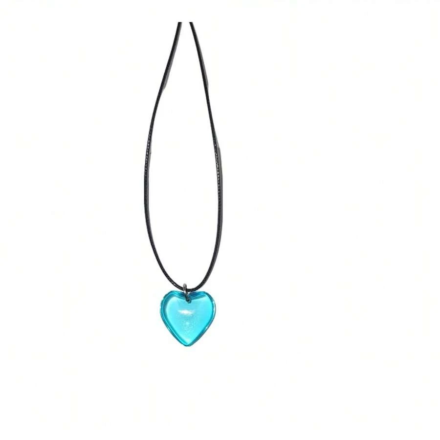 Dainty Colorful Glass Heart Shape Pendant Necklace Stainless Steel Link Rope Chian Love Heart Charms Pendant Necklace Y2K Jewelry Accessories For Women Jewelry,SkyBlue - 天藍 - 查看 1