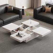 Modern Square White Coffee Table With Marble Effect, 90 X 90 X 25 Cm – Four Drawers, Sliding Top, Maximum Load 30 Kg - White - View 6
