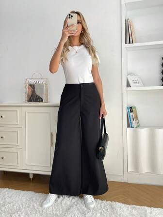 Pantalones anchos y sueltos de unicolor y casual, elegantes y minimalistas para mujeres