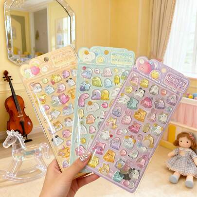 可爱卡通幽灵、怪兽、动物3D立体浮雕贴纸，加大加厚款，防水透明，纯色装饰贴纸