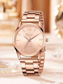 2件套女士玫瑰金表带时尚休闲超大表盘石英表及手链首饰套装，适合日常佩戴、装饰或节日礼物 - 玫瑰金 - 查看 3