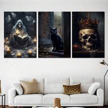 3幅万圣节哥特式骷髅黑猫墙画帆布海报，高清印刷，可选画框，适用于客厅、卧室、浴室、办公室、咖啡厅、健身房、家庭节日装饰，印刷品，房间走廊装饰，艺术品，理想的礼物送给朋友 - 彩色 - 查看 6