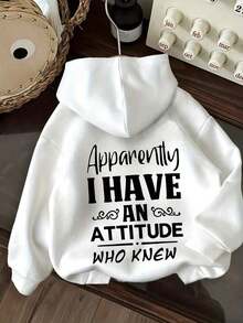 "Apparently I Have An Attitude" Slogan Print White Casual Hoodie,White Letter Print Hoodie, Women's Christmas Outfit, Hoodie, Christmas Sweatshirt, Women's Winter Outfit, Women's Autumn Outfit, Women's Sweatshirt - White - View 6