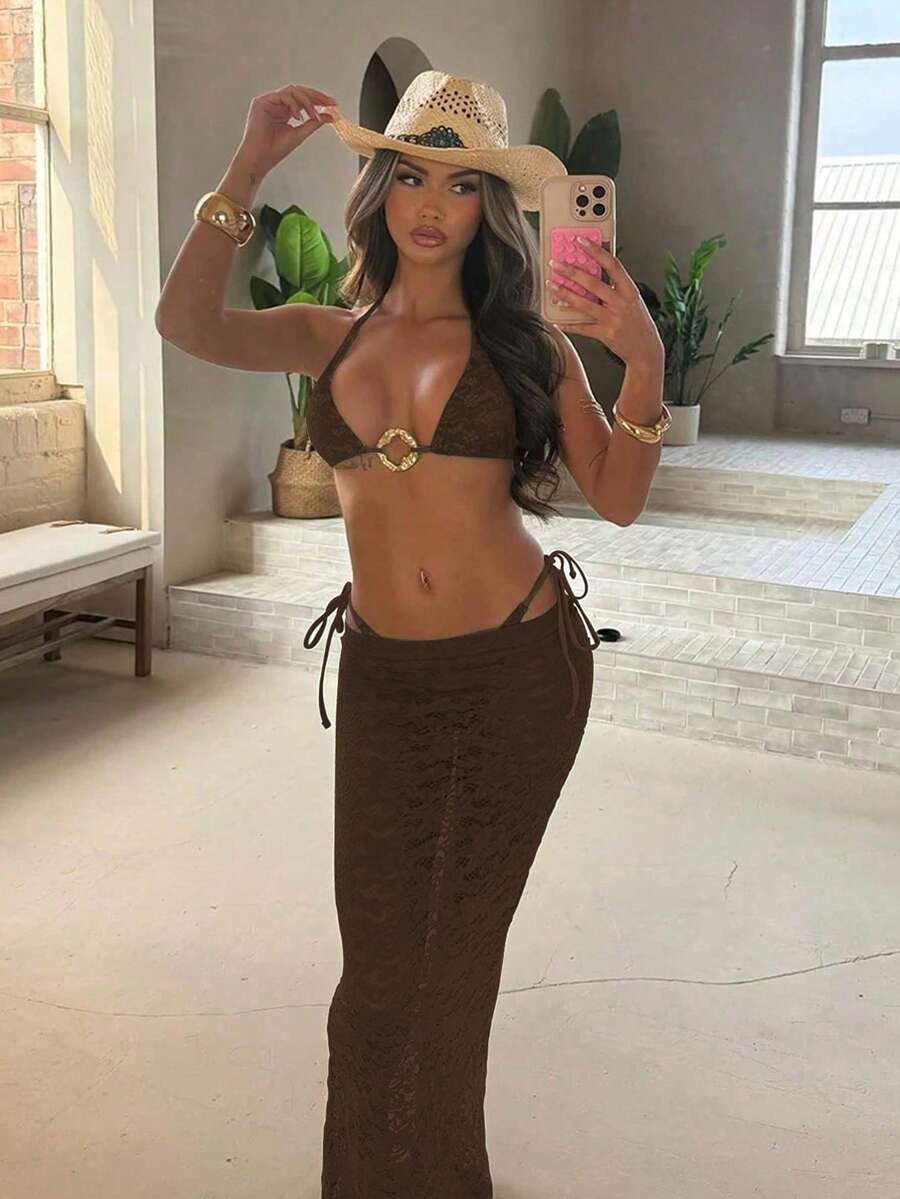 新款棕色纯色简约优雅沙滩度假约会派对泳衣套装，女士夏季款 - 棕色 - 查看 1