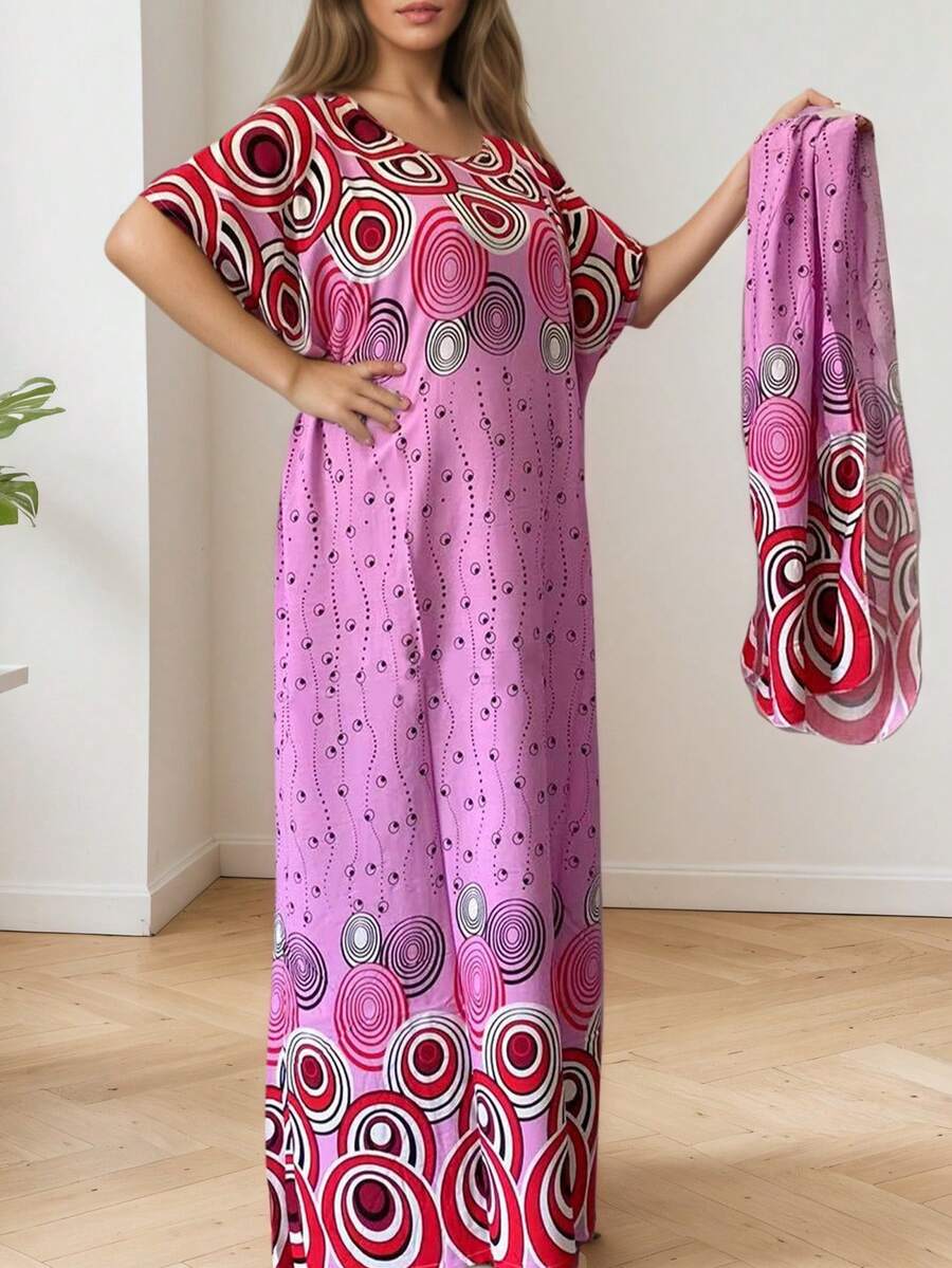 Dress With Large Elegant Flower Print - Round Neck, Bat Sleeve Embroidered Robe, Plus Size Elegant Women's Robe