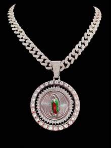 1件时尚经典圣母玛利亚造型吊坠，搭配13毫米全镶钻链，男女皆宜的嘻哈摇滚街头风格圣母玛利亚吊坠项链，朋克复古项链，适合日常佩戴或派对，情人节礼物，两种链长可选 - 銀色 - 查看 2