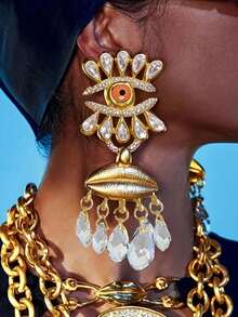 1 对复古朋克风格中世纪水滴流苏奢华耳环，法式时尚闪亮水钻眼形耳环，适合个性化时尚 - 白色 - 查看 1