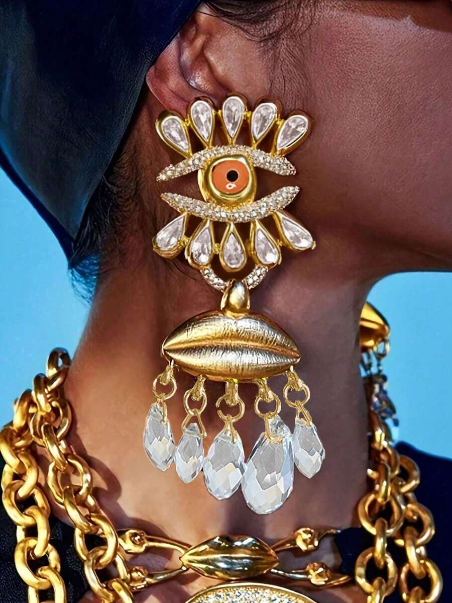 1 对复古朋克风格中世纪水滴流苏奢华耳环，法式时尚闪亮水钻眼形耳环，适合个性化时尚 - 白色 - 查看 1