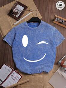 Es Trus Cotton 夏季女式趣味印花嘻哈“脸”个性图案街头风，韩版舒适复古时尚通勤百搭Y2K女装，适合户外休闲，常规小众朋克风皇家蓝修身圆领短袖水洗T恤 - 藍色 - 查看 2