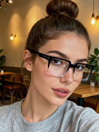 1件装女士塑料铆钉渐变长方形复古个性化高端时尚街头中性透明镜片眼镜框，