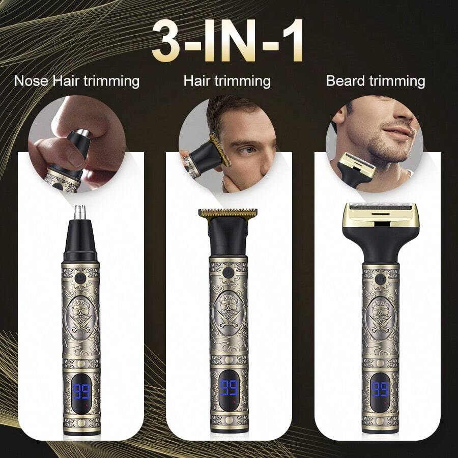 Men's Electric Shaver With Replaceable Sideburn Trimmer, Nose Hair Trimmer, Digital Display, USB Charging, Gift For Men - Bronze - View 1