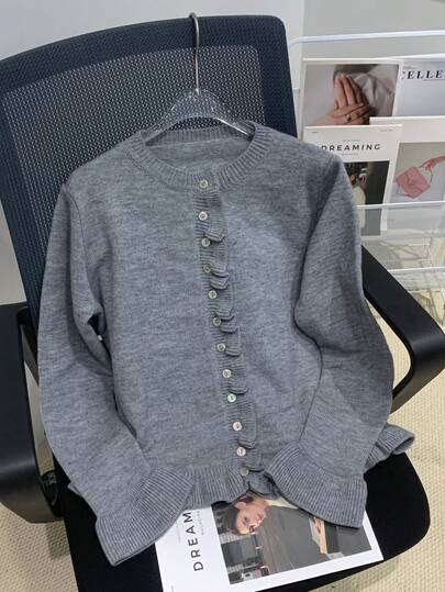 Cárdigan de punto de unicolor con volantes, cierre con botones, adecuado para citas, vacaciones, uso diario, viajes, otoño/invierno