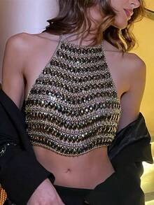 1pc Luxurious Rhinestone Embellished Halter Necklace Chain, Fashionable Multilayer Pearl Decor Body Chain Suitable For Party Outfits - Bright Silver - View 2