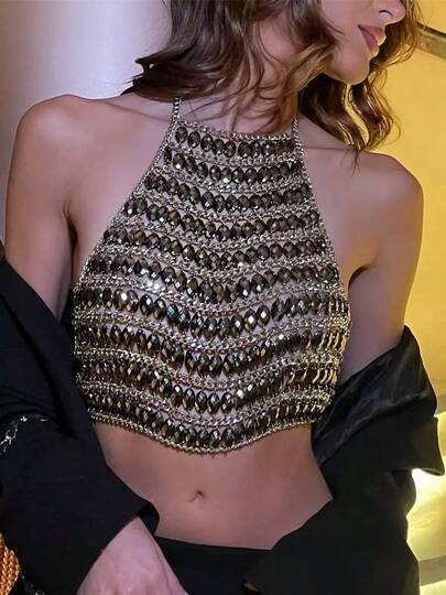 1pc Luxurious Rhinestone Embellished Halter Necklace Chain, Fashionable Multilayer Pearl Decor Body Chain Suitable For Party Outfits