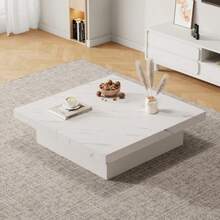 Modern Square White Coffee Table With Marble Effect, 90 X 90 X 25 Cm – Four Drawers, Sliding Top, Maximum Load 30 Kg - White - View 5