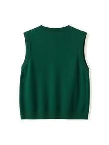 Women Christmas Sweater Vest Button Up Stylish Soldier Embroidered Ribbed V Neck Sleeveless Knitted Tank Tops - Green - View 8
