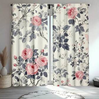 2 piezas Cortinas de dormitorio con estampado floral retro - Gris beige con patrones de rosas y lirios rosados, cortinas aisladas, perfectas para la decoración de la sala de estar o la habitación de invitados, cortinas de dormitorio | Patrones florales retro | Cortinas con ojales, 160 g/m²