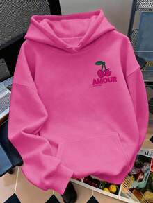 Autumn Cherry Pattern Sweatshirt, Casual Slouchy Hooded Sweatshirt - Baby Pink - View 2