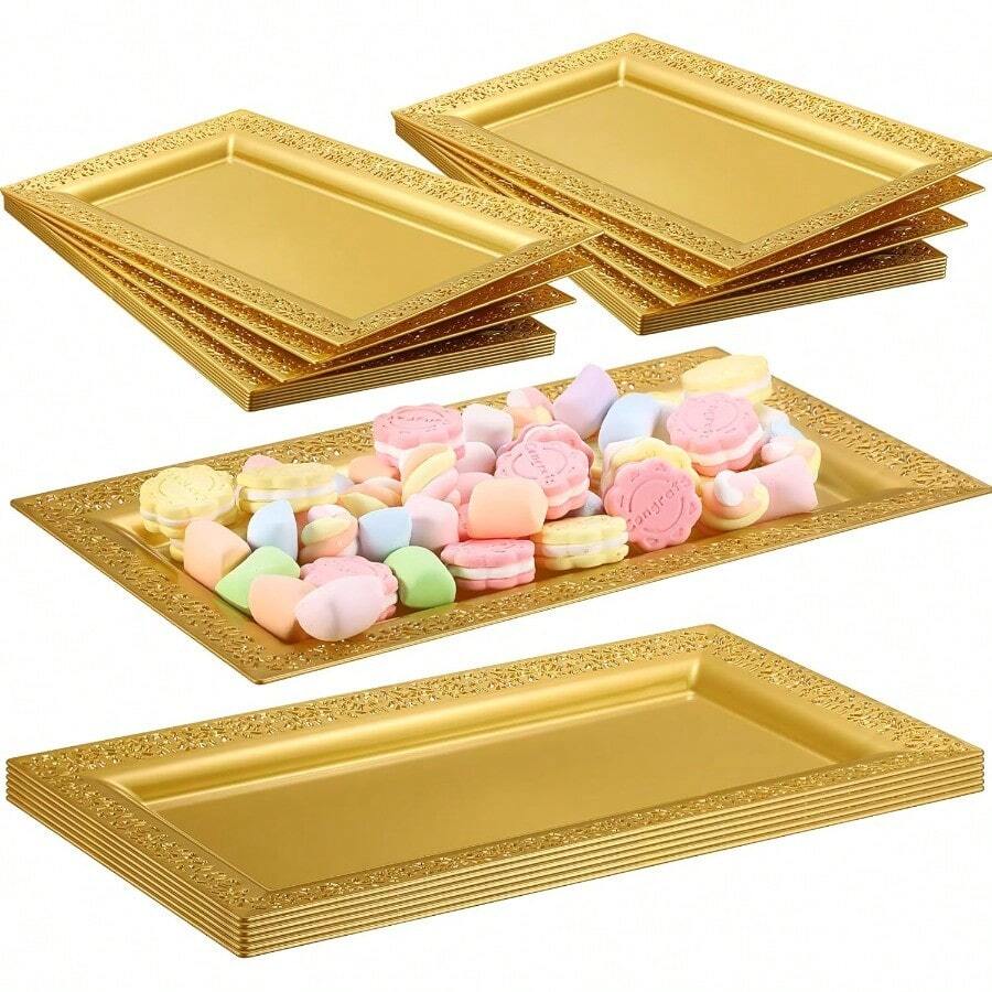 24 Pcs Gold Plastic Serving Tray Platter Set 14 X 7.5 Inches With Elegant Gold Lace Rim Design Ideal For Food Dis Dessert Presentation Fruit Arrangement Cupcake Serving Wedding Tables Party Decorations And Elegant Table Settings - Gold - View 1