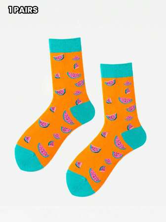1 Pair Unisex Watermelon Cartoon Pattern Mid-Calf Socks, Comfortable & Breathable, Suitable For All Seasons, Fruit Themed Socks