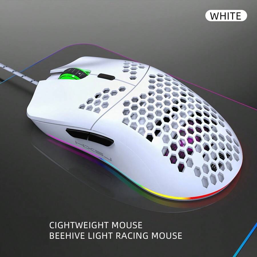 Gaming Mouse HXSJ USB Wired Gaming Mouse With RGB Lighting Effects And 6-Key Optical Mouse, Plug And Play, Suitable For Gaming, Office And Home Users. - White - View 1
