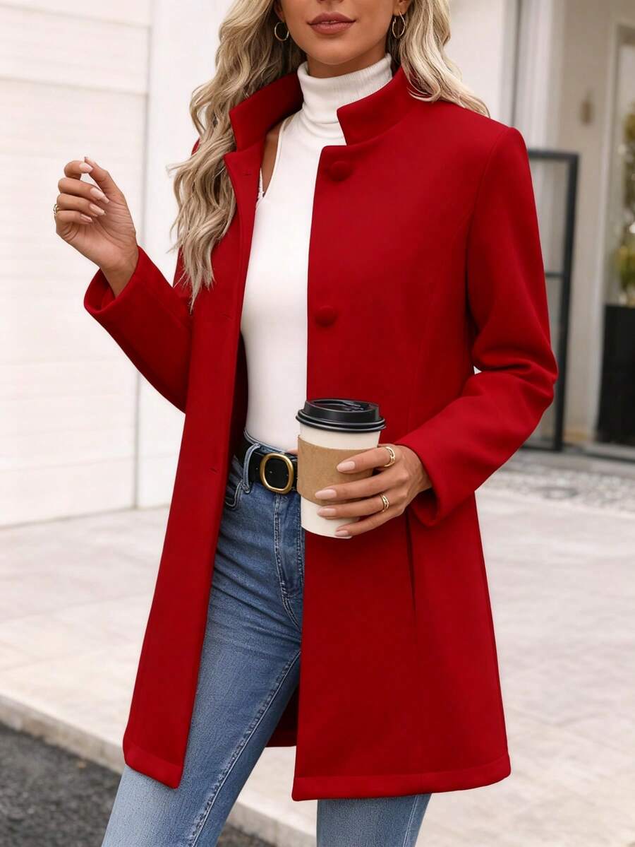 Women's Stand Collar Single Breasted Coat - Mid-Length, Multiple Colors For Elegant Casual & Office Style Jackets For Women Jackets Winter Jacket Chaquetas Para Mujer Blazers For Women Fall Clothes For Women-D26-1 - Red - View 1