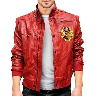Chamarra de bombardero Lawrence - Kobra Kai, para hombre, rojo, Halloween, pelcula, piel sinttica