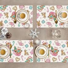 4pcs/6pcs, Christmas Gingerbread For Man Placemats, Pink Christmas Candy Snowflake Table Mats, Linen Placemats, Suitable For Winter Dining, Kitchen, Restaurant, Wedding, Party, Room Decoration, Table Decoration, Holiday Party Supplies