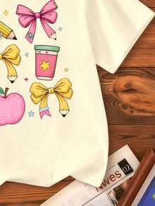 女童休闲蝴蝶结印花圆领短袖T恤，夏季 - 杏色 - 查看 5