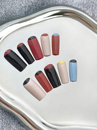 Square Nails French Style Handmade Press-On Nails With Multi-Colored Ombre, Hand-Painted Patterns, Color-Blocking & Y2K-Inspired Creative Designs - Full Cover Artificial Handmade DIY Glitter False Nails For Daily Wear, Parties, Gatherings, Fashion Events & Special Occasions - 10 Pieces/Bag