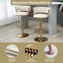Lot de 2 Tabourets de Bar Rotatifs 360° en Velours - Dossier Confortable et Hauteur Réglable d'une Main - Design Ergonomique pour Îlot de Cuisine et Salon (Couleur Vert) - Ivoire + Velours + Mousse - Voir 5