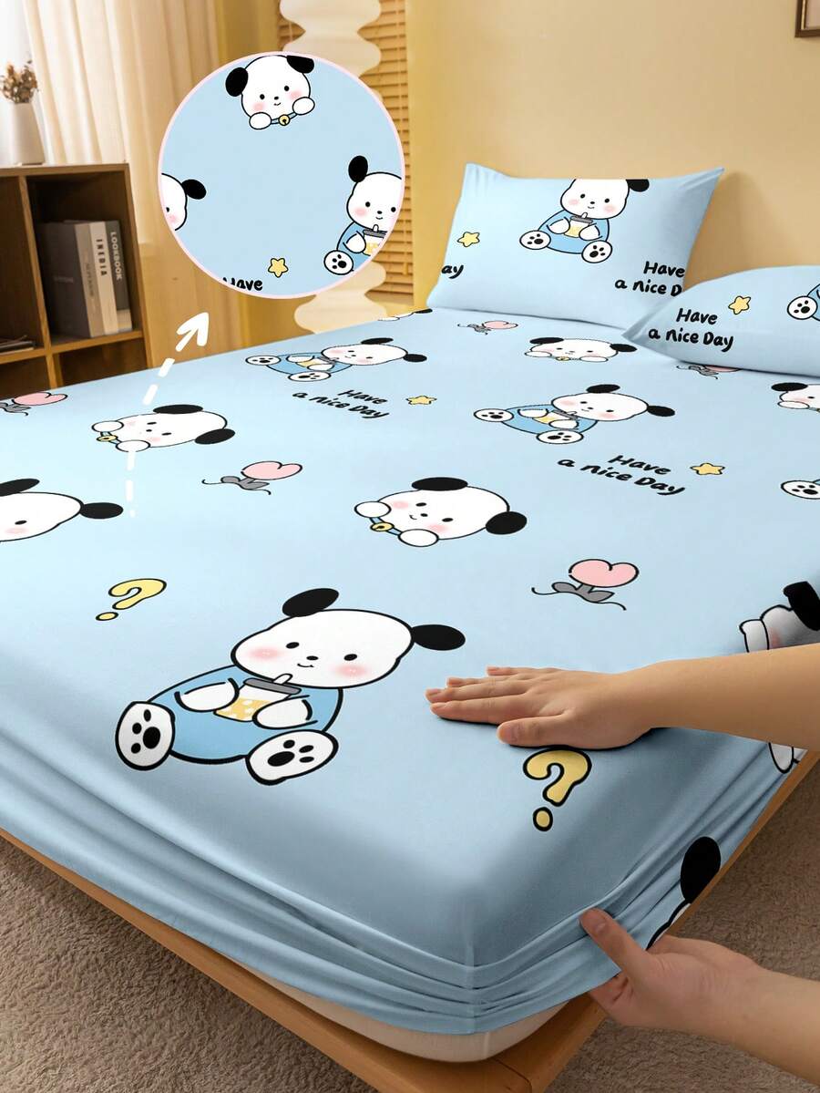 1pc Cute Cartoon Puppy Dog Graphic Printed Brushed Fitted Sheet, Bedroom Printed Bed Cover, Bedding (Pillow Case Not Included) - Multicolor - View 1