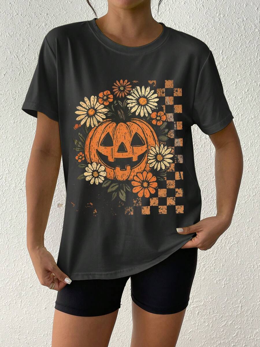 万圣节南瓜魔鬼复古 T 恤，圣诞夜惊魂主题，女式超大宽松圆领短袖 T 恤 - 深灰色 - 查看 1