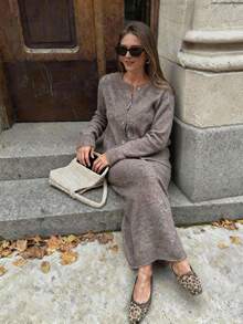 Bộ đồ dệt kim màu trơn 2 mảnh FOR BEAUTY, bộ áo khoác và chân váy tối giản thường ngày mới dành cho nữ, thích hợp cho hẹn hò, mùa thu/đông. - màu cà phê - Xem 1