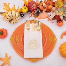 100PCS Than1ks 1giving Napkins Disposable - White And Gold Paper Napkins With Built-In Flatware Pocket Prefolded Cloth Like - Heavy-Duty Linen-Feel Dinner Napkins For Than1ks 1giving & Dinner,Gold-1 - 金-1 - 查看 4