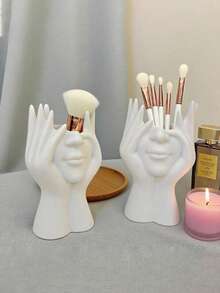 1 Piece Milky White Honey Jar Shaped Resin Makeup Brush Holder With Asymmetrical Relief On The Surface, Multifunctional Desk Decoration, Mini Ceramic Vase And Storage Box For Living Room, Bedroom And Office,Room Decor - Multicolor - View 8