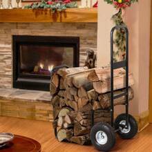Firewood Log Fireplace Wood Rack Dolly Rolling Fire Storage Cart Black - 1 - View 1