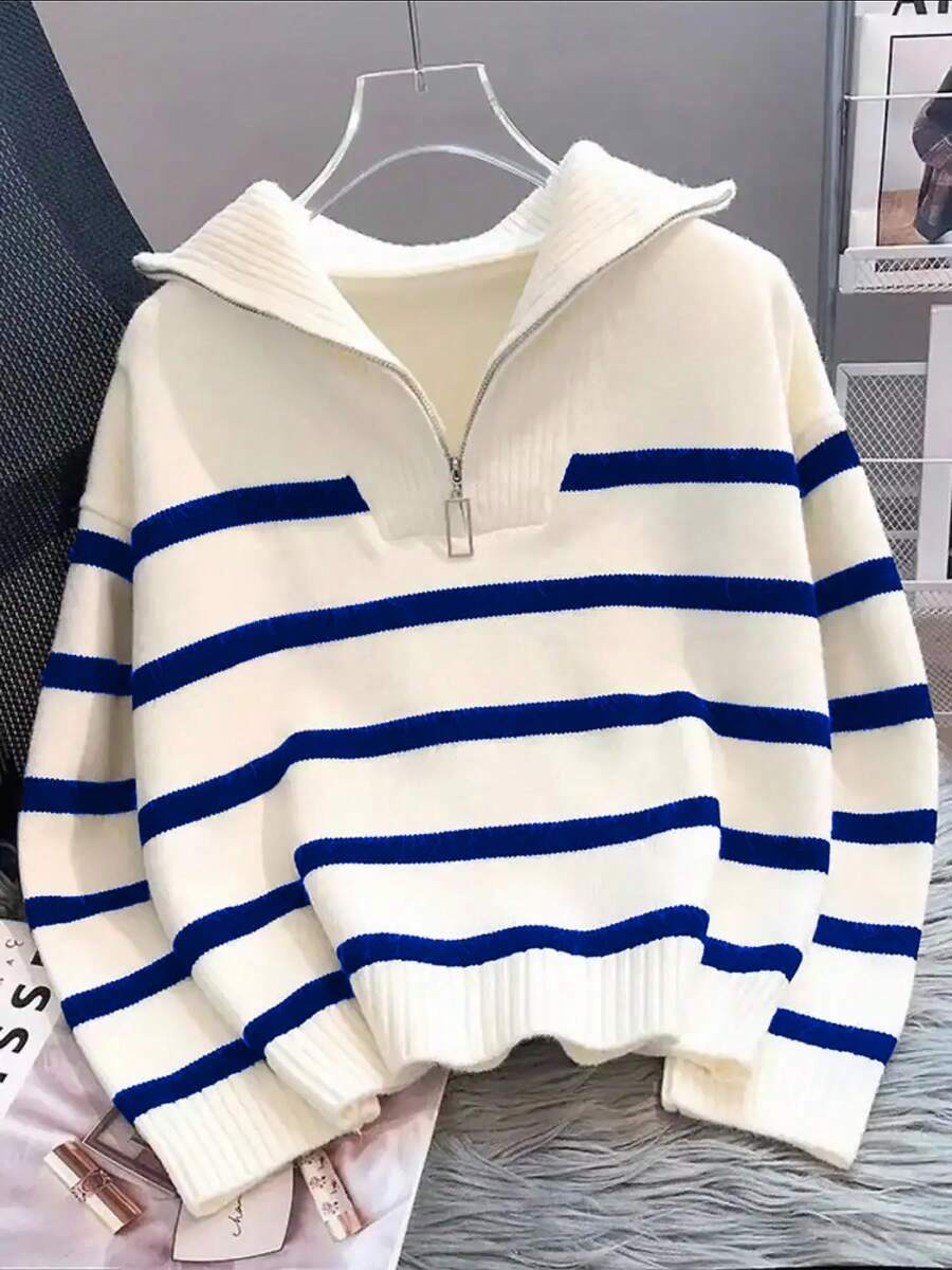 Women's New Arrival Striped Pullover Sweater, Fashionable High-Quality Simple Zip-Up Warm Knit Top For Autumn And Winter
