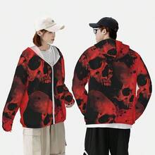 chamarra ligera con capucha y cierre con diseo de calavera abstracta roja y negra, manga larga para mujeres y hombres - CH - Ver 2