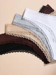 5pcs/Pack Romantic Lace Patchwork Women's Thong Panties, Cute Bow Decor, Cotton Stretch Soft Breathable Ladies Underwear