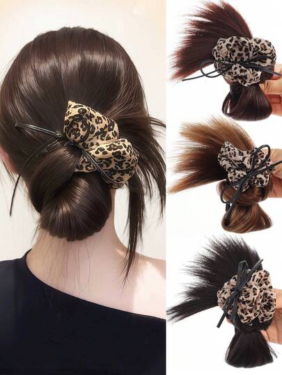 Accesorio de pelo sintético con estampado de leopardo, pinza de media atadura, pluma, pinza para recogido perezoso, pinza para peluca, pinza para moño bajo y cola de caballo, accesorios esponjosos